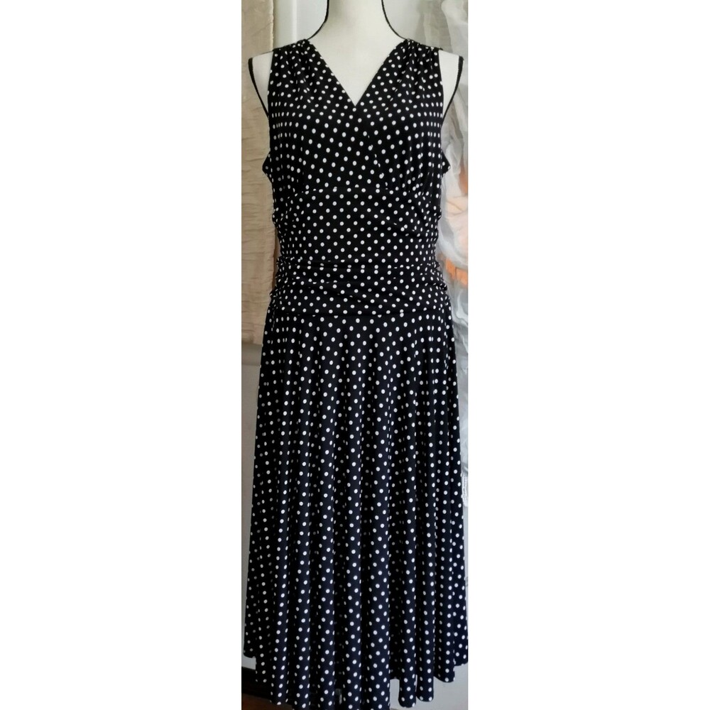 Ronni Nicole Midi Dress Size 12 Womans Black White Polka Dot V-neck Retro